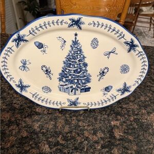 Potters Studio blue Christmas tree 16" oval platter